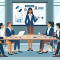 A woman entrepreneur leading a business meeting, confidently presenting her ideas to a captivated audience. Royalty Free Stock Photo