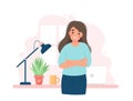 Woman entrepreneur standing in front of desk with crossed arms. Successful business woman smiling. Cute concept vector