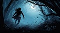 Woman escaping from unrevealed danger through the woods in the night Royalty Free Stock Photo