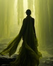 Woman in an ethereal green robe, AI-generated.