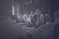 Woman In Ethnic Traditional Folks National Thai Costume Weaving hats.