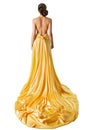 Woman Evening Dress Back Rear View, Elegant Fashion Model in beautiful Gown with long Train Tail