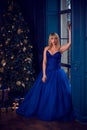 Christmas cozy atmosphere at event, pretty lady in blue dress Royalty Free Stock Photo
