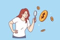 Woman examines falling coins through magnifying glass conducting financial research