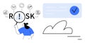 Woman Analyzing Risk with Magnifying Glass and Data Icons, Cloud Representation with Checkmark Royalty Free Stock Photo
