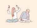 Woman exciting raise two arms celebrate her winning over boyfriend in video gaming simple korean style illustration