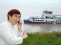 Woman and excursion ship. Royalty Free Stock Photo