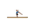 Woman exercise on balance beam. Woman sport gymnastics on white background