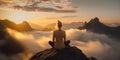 woman exercising, doing yoga Calm and mountain yoga practice In front is a sea of mist