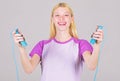 Woman exercising with jumping rope. Jumping exercise benefits. Get ready summer body. Slim down. Fit and healthy. Weight Royalty Free Stock Photo