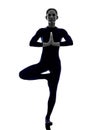 Woman exercising Vrksasana tree pose yoga silhouette Royalty Free Stock Photo