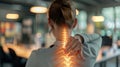 a woman experiencing neck pain in an office setting, while she holds her neck, emphasizing the pain, with ample copy