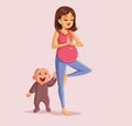 Pregnant Woman Exercising Next to Happy Playful Toddler