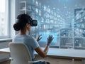 Woman experiencing virtual reality in a digital library Royalty Free Stock Photo