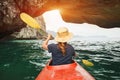 Woman explore Ha Long Bay on kayak Royalty Free Stock Photo