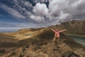 Woman explorer takes photos of the great volcanic landscape of Nevado de Toluca