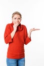Woman expressing fear and apprehension in holding secret Royalty Free Stock Photo