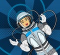 Woman with expression of surprise on her face in cosmonaut suit, pop art style.