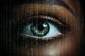 a woman eye closeup with green holography lights particles, dark background, digital future concept Royalty Free Stock Photo