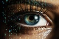 a woman eye closeup with green holography lights particles, dark background, digital future concept Royalty Free Stock Photo