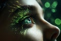 a woman eye closeup with green holography lights particles on her face, dark background, digital future concept Royalty Free Stock Photo