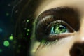 a woman eye closeup with green holography lights particles near her face, dark background, digital future concept Royalty Free Stock Photo