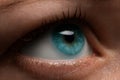 Woman eye with contact lens applying, macro. Blue dilated pupil, Royalty Free Stock Photo