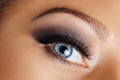 Woman eye with long eyelashes and smokey eyes make-up. Eyelash extensions, makeup, cosmetics, beauty Royalty Free Stock Photo