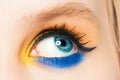 Woman eye looking up. Blue and yellow eyeshadow and black eyeliner arrow make up close up