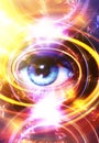 Woman Eye and music note and cosmic space with stars. abstract color background, and yellow light, fire circle. eye contact. Royalty Free Stock Photo