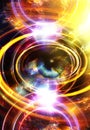 Woman Eye and music note and cosmic space with stars. abstract color background, and yellow light, fire circle. eye Royalty Free Stock Photo