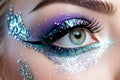 Woman eye sideways glance makeup closeup blue glitter purple eyeshadow Royalty Free Stock Photo