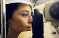 Woman, eye test and opthalmology at clinic for vision, cataract and optic health with slit lamp examination. Face