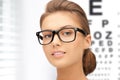 Woman in eyeglasses with eye chart