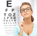 Woman in eyeglasses with eye chart Royalty Free Stock Photo