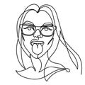 Woman in Eyeglasses Showing Tongue One Line Art Portrait. Playful Female Facial Expression. Hand Drawn Linear Woman