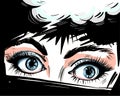 Woman eyes close up vector illustraton with speech bubble , surprised wow feminine pop art retro comic style face