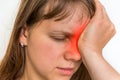 Woman with eyes pain is holding her aching eye