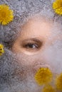 Woman eyes  through  ice with dandelions flowers Royalty Free Stock Photo