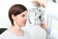 Woman eyesight measurement with optical phoropter