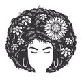 Woman face with Afro and flower vintage hairstyles vector line art illustration