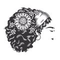 Woman face Afro Messy Bun vintage with flower hairstyles vector line art illustration