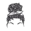 Woman face with Afro Messy Bun vintage hairstyles vector line art illustration