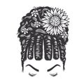 Woman face Afro Natural Hairstyle curly flat twist Bun vintage hairstyles with flower vector line art illustration