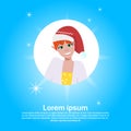 Woman face avatar red hat happy new year merry christmas concept flat female cartoon character portrait blue background