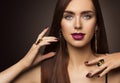 Woman Face Beauty Makeup, Fashion Model Make Up, Eyes Lips Nails Royalty Free Stock Photo
