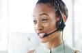 Woman, face and callcenter with headset and call, CRM and happy consultant with tech support and contact us. Customer Royalty Free Stock Photo