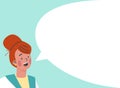 Woman face closeup say cloud conversation bubble empty blank banner, female dialogue conversation flat vector