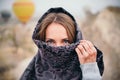 Woman face covered with scarf and mehendi tattoo on hand Royalty Free Stock Photo