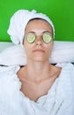 Woman face with cucumber mask